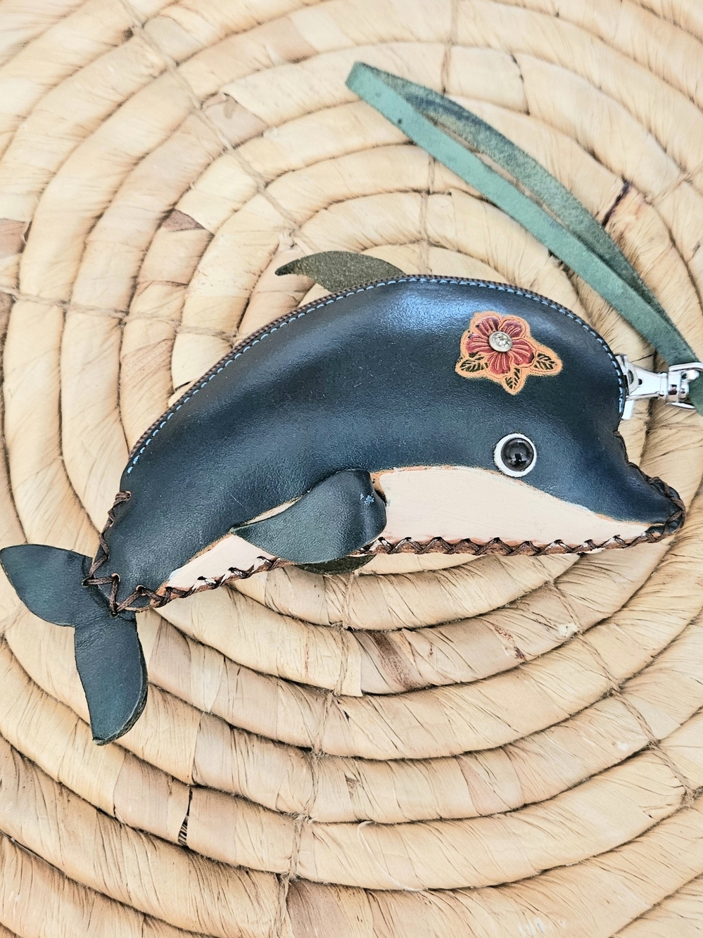 Handmade Leather Dolphin Wristlet in blue and Cream NEW!